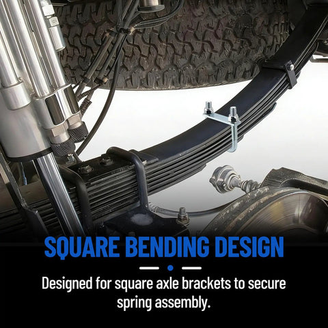 Heavy Duty 4 Pack Square U Bolts For 2.5 Inch Wide Leaf Springs shown securing truck leaf springs with axle brackets.