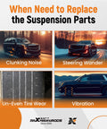 Diagram showing causes like clunking noise, steering wander, uneven tire wear, vibration for upgrading 12 Piece Front Suspension Control Arm Kit With Polyurethane Bushings For Chevy Silverado 1500 GMC Sierra 1500 Cadillac Escalade Tahoe Suburban Yukon Avalanche 2007 To 2013 Bolt On Upgrade For A Smoother Ride.