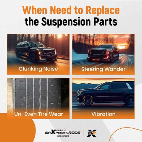 Diagram showing causes like clunking noise, steering wander, uneven tire wear, vibration for upgrading 12 Piece Front Suspension Control Arm Kit With Polyurethane Bushings For Chevy Silverado 1500 GMC Sierra 1500 Cadillac Escalade Tahoe Suburban Yukon Avalanche 2007 To 2013 Bolt On Upgrade For A Smoother Ride.