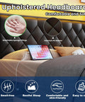 Modern Full Size Bed Frame With App Controlled LED Lights And Built In Dual USB Ports, Padded PU Leather Headboard close-up view with comfortable padded design.