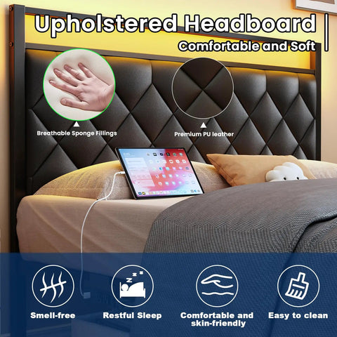 Modern Full Size Bed Frame With App Controlled LED Lights And Built In Dual USB Ports, Padded PU Leather Headboard close-up view with comfortable padded design.