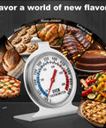 Pro Grade Must Have Oven Thermometer For Gas And Electric Ovens With 100F To 600F Range Mechanical Bi Metal Sensor displayed with foods