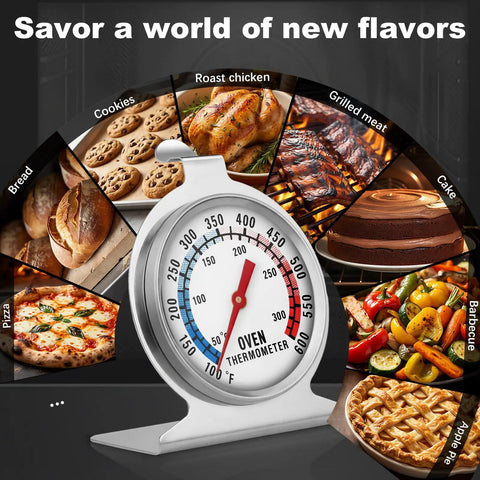 Pro Grade Must Have Oven Thermometer For Gas And Electric Ovens With 100F To 600F Range Mechanical Bi Metal Sensor displayed with foods