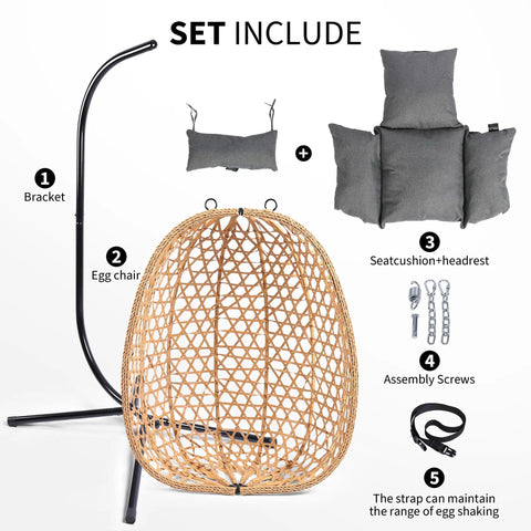 Egg Chair With Stand Outdoor Patio Wicker Swing Chair For Balcony Garden Cozy Lounge 350 Lbs Capacity Cushioned Ergonomic Design With Thick Cushion For All Day Comfort Weatherproof Frame Easy To Assemble set including bracket, cushions, and screws.