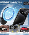 Magnetic Cup Holder Phone Mount For Cars MagSafe Compatible Adjustable 4.1 Inch Base with iPhone displayed, stability features shown.