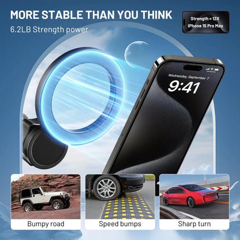 Magnetic Cup Holder Phone Mount For Cars MagSafe Compatible Adjustable 4.1 Inch Base with iPhone displayed, stability features shown.