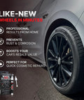 Anthracite Gray Rim Touch Up Paint And Wheel Scratch Repair Set With Dual Tip Applicator For Alloy Wheels To Effortlessly Fix Curb Rash And Keep Your Ride Looking Crisp Year Round on a car wheel close-up.