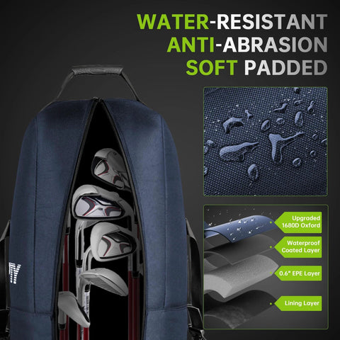 Front view of blue APTY padded golf travel bag with wheels; 1680D Oxford, waterproof coating