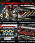 Image of Dope Realistic V8 Engine Model Kit showing chain, exhaust, pistons, and oil intake systems.