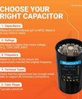 UL Certified 340-408uF Round Start Capacitor 220-250V AC 50 60 Hz in cylindrical black casing with labels and specs.