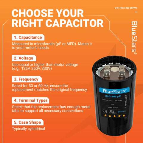 UL Certified 340-408uF Round Start Capacitor 220-250V AC 50 60 Hz in cylindrical black casing with labels and specs.