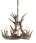 Brown Adjustable Resin Antler Three Light LED Chandelier with faux antlers and LED bulbs for cozy farmhouse vibe in dining or living room.