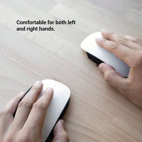 Magic Grips For Apple Magic Mouse 1 And 2 in use, highlighting ambidextrous design for both left and right hands on wooden surface.