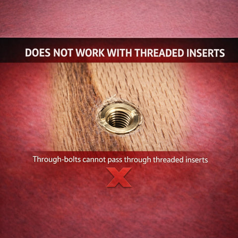 Close-up of threaded insert in wood showing incompatibility with Through-Hole Headboard And Footboard Bolt Kit For Bed Rails.