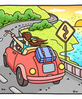 Coloring Book For Adults And Teens Featuring Cute Girly Scenes For Relaxation And Cozy Self Care with a car on a scenic drive
