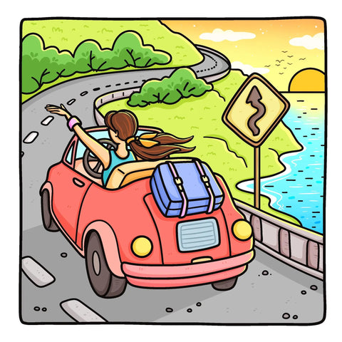 Coloring Book For Adults And Teens Featuring Cute Girly Scenes For Relaxation And Cozy Self Care with a car on a scenic drive