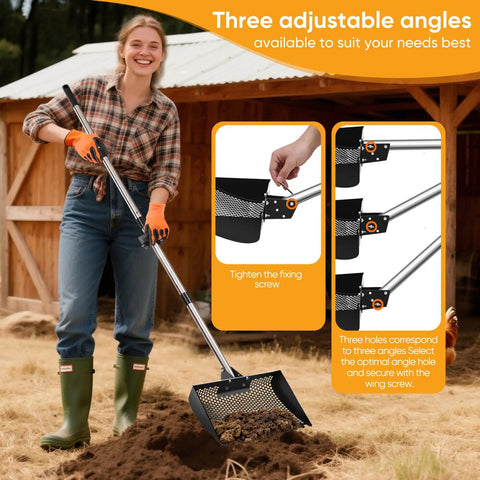 Heavy Duty 12 Inch 2-In-1 Chicken Poop Scooper And Rake with adjustable stainless steel handle in use on farm