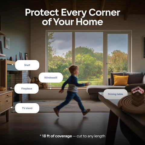 Living room with child, showcasing All In One Baby Proofing Kit With 18ft Edge Protectors And 8 Corner Guards Non Toxic Soft Rubber Foam Easy Install.