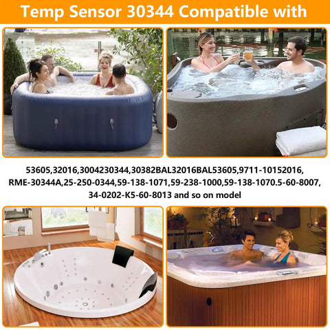 People enjoying hot tubs in various settings for Temp Sensor 30344 compatible with hot tub models listed.