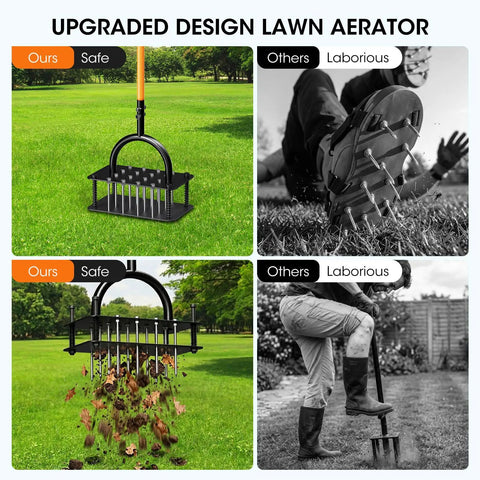 Manual Lawn Aerator With 16 Sharp Spikes In 4x4 Layout Self Cleaning Core Aerator on grass, comparison with manual foot pressing