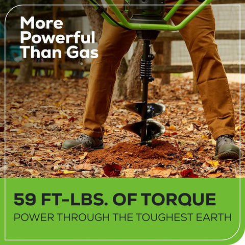 Person using 60V Brushless Earth Auger For Post Holes And Gardens, Heavy Duty Digger With 59 Ft Lb Torque And 210 Max RPM