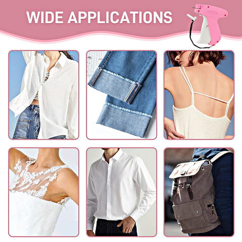 Easy Peasy Ergonomic Stitch Gun For Swift Clothing Patches And Soft Fabric Fix Ups With Two Thousand Micro Staples Plus Spare Tips In Cool Berry Pink Color displayed with various clothing repair applications.