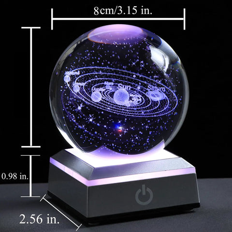 Stellar 80mm Solar System Crystal Ball Glass Sphere with 3D Laser Engraved Planets on LED Base, K9 Crystal, Dope Space Desk Light