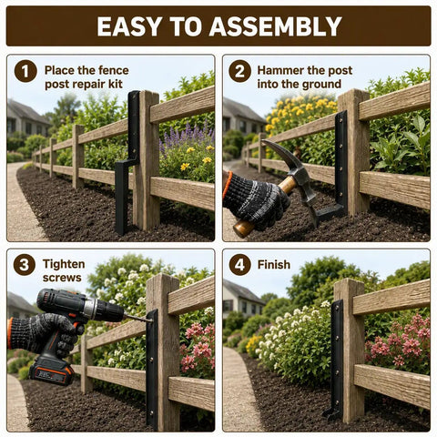 Top Shelf Fence Post Repair Kit Featuring 33 Inch 11 Gauge Thickened Steel Stakes assembly process in four steps, demonstrating easy installation.