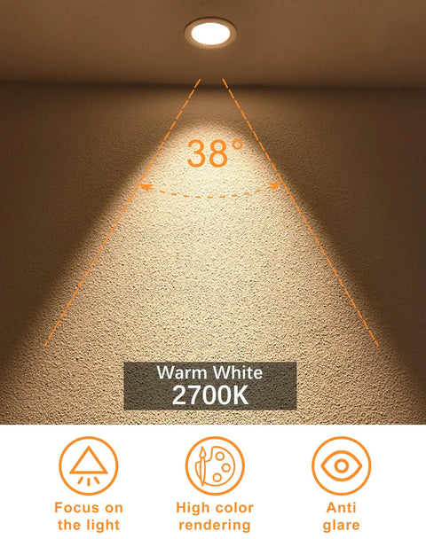 MR16 LED Light Bulbs 12 Pack, 50W Equivalent, 2700K warm white beam angle display, ideal for recessed lighting