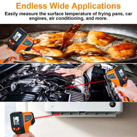 Non Contact Infrared Thermometer Gun With Fast Reading -58F To 1112F (-50C To 600C), 14 Inch Distance, Industrial Kitchen Automotive HVAC Temperature Gun, High Accuracy, Quick Scan, Safe Noncontact Temperature Measuring Tool used on frying pan, engine, and air conditioner