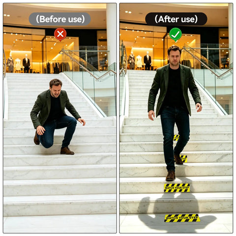 Watch Your Step Sign 5 Pack Budget Friendly Self Adhesive Floor Decals on stair steps, yellow black caution labels