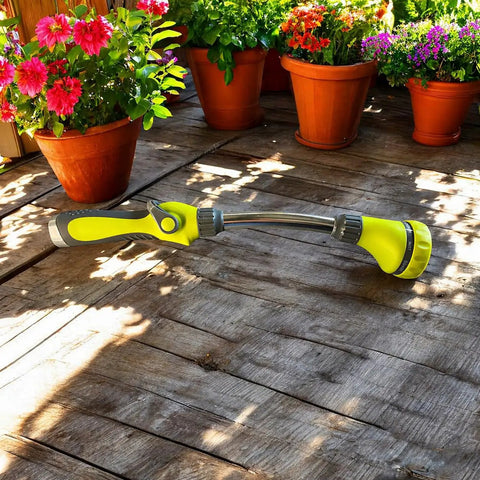 15 Inch Watering Wand With 8 Spray Patterns And Thumb Control For Reaching Hanging Baskets And Deep Beds on wooden deck