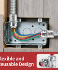 Premium 3/8 Inch MC Cable Connectors 25 Pack Top Shelf Zinc Die Cast Metal Clad Fittings for 1/2 Inch Knockout installed in electrical box.