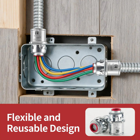 Premium 3/8 Inch MC Cable Connectors 25 Pack Top Shelf Zinc Die Cast Metal Clad Fittings for 1/2 Inch Knockout installed in electrical box.