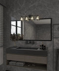 Bathroom with 4 Light Matte Black Vanity Lights For Bathroom With Crystal Shade, modern wall sconces above mirror.