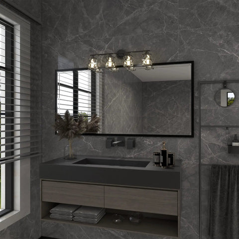 Bathroom with 4 Light Matte Black Vanity Lights For Bathroom With Crystal Shade, modern wall sconces above mirror.