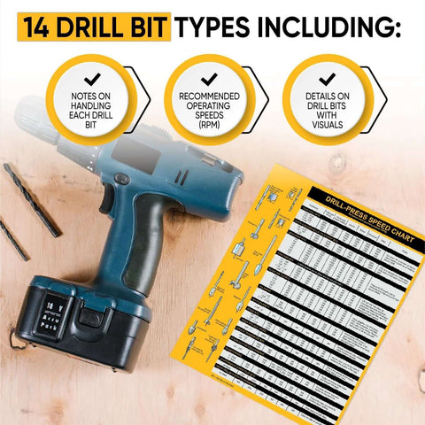 Magnetic drill press chart sign; yellow 8.5 x 10.5 in RPM guide for wood and metalworking.