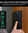 Smart Lock With AI Learning Scanner And Fingerprint Entry, WiFi Front Door Deadbolt with touch screen and keypad on wooden door.