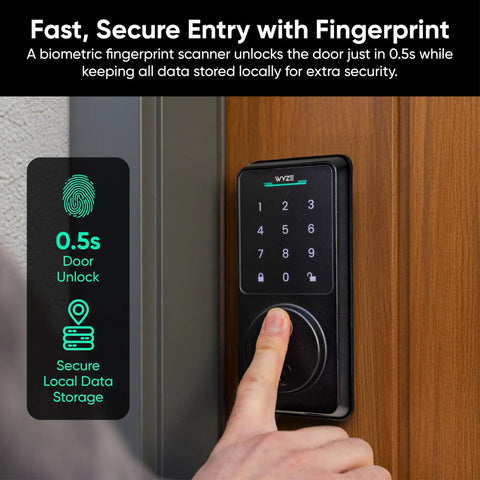 Smart Lock With AI Learning Scanner And Fingerprint Entry, WiFi Front Door Deadbolt with touch screen and keypad on wooden door.