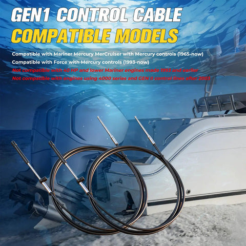 Gen 1 12Ft Boat Throttle And Shift Cables 2 Pack for Mercury MerCruiser shown with compatible engine models in blue background.