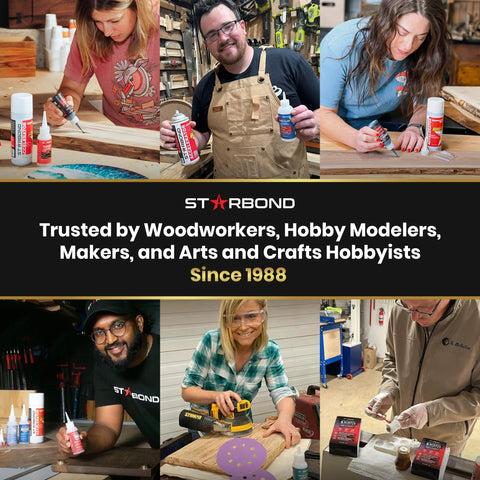 Starbond CA glue 4 oz bottles with extra cap and microtips; collage of woodworkers applying glue.