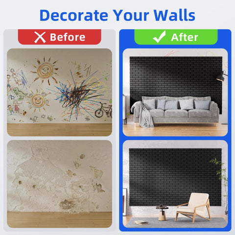Before and after image of walls transformed with Premium 20 Pack Peel And Stick Acoustic Panels With High Density Soundproof Foam Tiles.