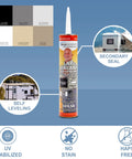 Self Leveling Lap Sealant For Horizontal Surfaces Black 10.3 Oz HAPS Free Ideal For RV Roofing Maintenance And Appliance Applications Easy To Apply With A Smooth Self Leveling Finish That Stays Flexible UV Stable And Water Tight tube, showing product features and color options.