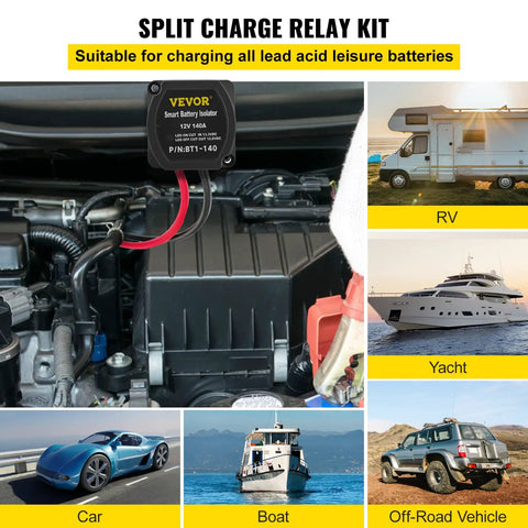 Split Charge Relay Kit For 12V Systems Auto Dual Battery Isolator 140 Amp VSR with engine and vehicle images