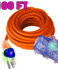 Heavy Duty Indoor Outdoor 100 Ft Extension Cord 10 Gauge 3 Conductor With Lighted Ends Orange 3 Prong Triple Tap 15A 125V 1875W