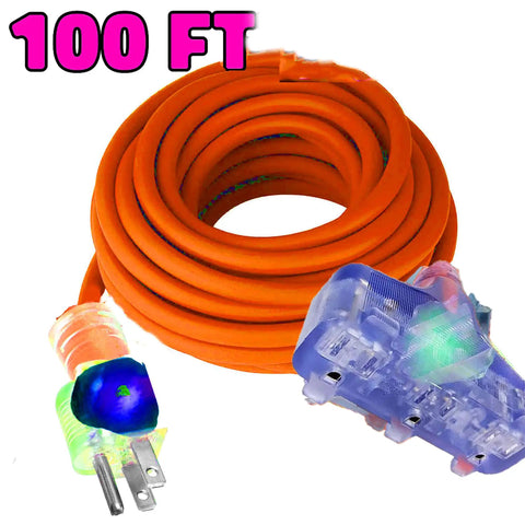 Heavy Duty Indoor Outdoor 100 Ft Extension Cord 10 Gauge 3 Conductor With Lighted Ends Orange 3 Prong Triple Tap 15A 125V 1875W