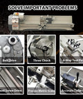 Top Shelf Benchtop Metal Lathe Machine 8 X 39 Inch Capacity 1100W Brushless Motor Variable 50 To 2500 Rpm features three chuck, belt drive, and precise metrics.