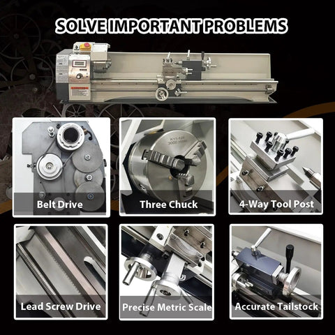 Top Shelf Benchtop Metal Lathe Machine 8 X 39 Inch Capacity 1100W Brushless Motor Variable 50 To 2500 Rpm features three chuck, belt drive, and precise metrics.