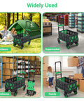 Green 2-in-1 folding hand truck with foldable basket, four wheels, retractable handle; shown outdoors and store use.