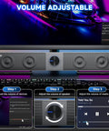 Clear Sound Bluetooth Computer Speakers With USB Plug And Play LED Light Bar For Desktop Laptop And Monitor Dual 5W Full Range Sound USB C Adapter Included shown below monitor, with steps to adjust volume displayed.